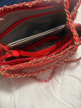Red Chain-Accent Women's Shoulder Bag